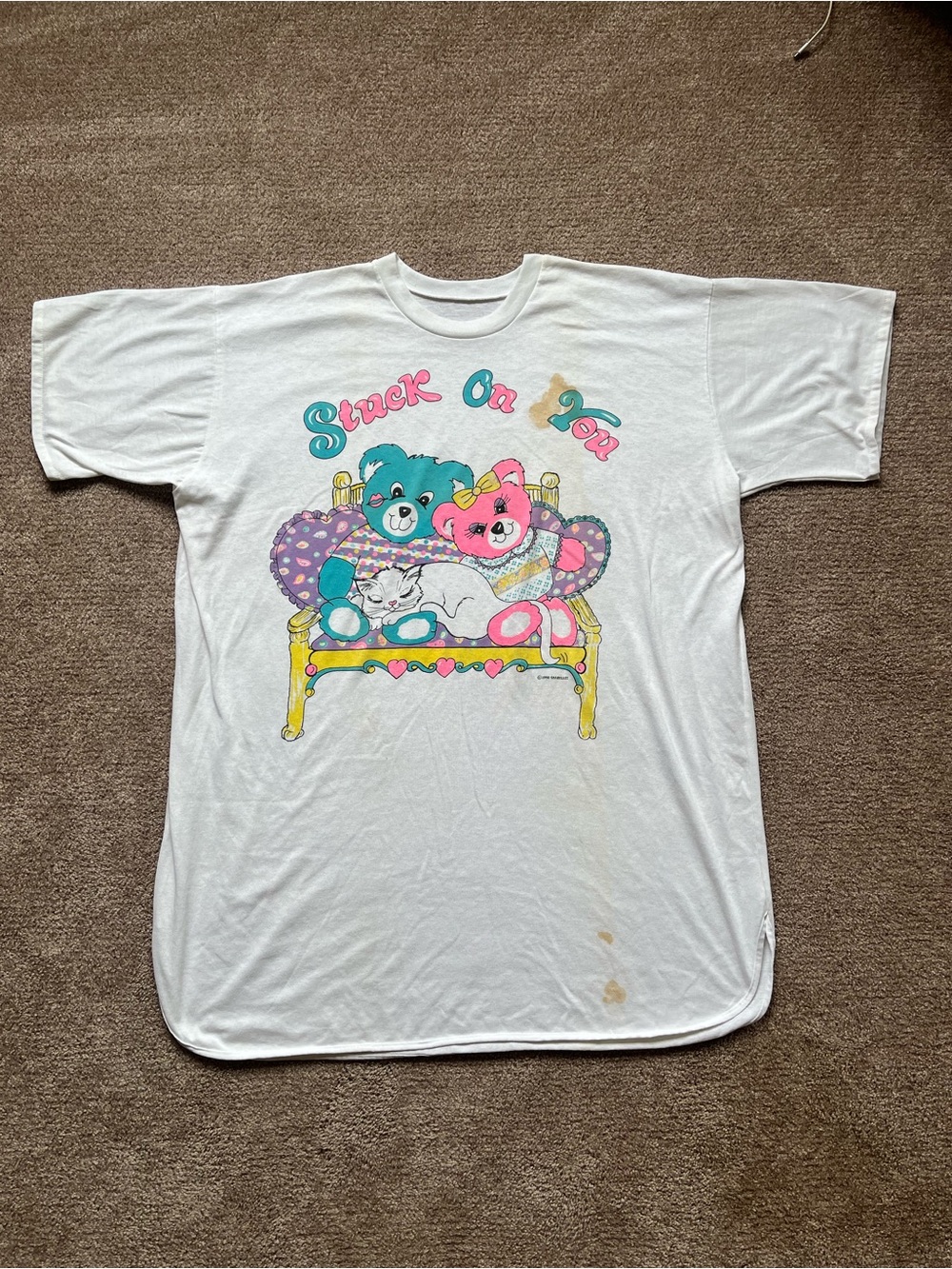 VTG ‘90 Stuck on You Cute Teddy Bear Oversized White Sleep Tee